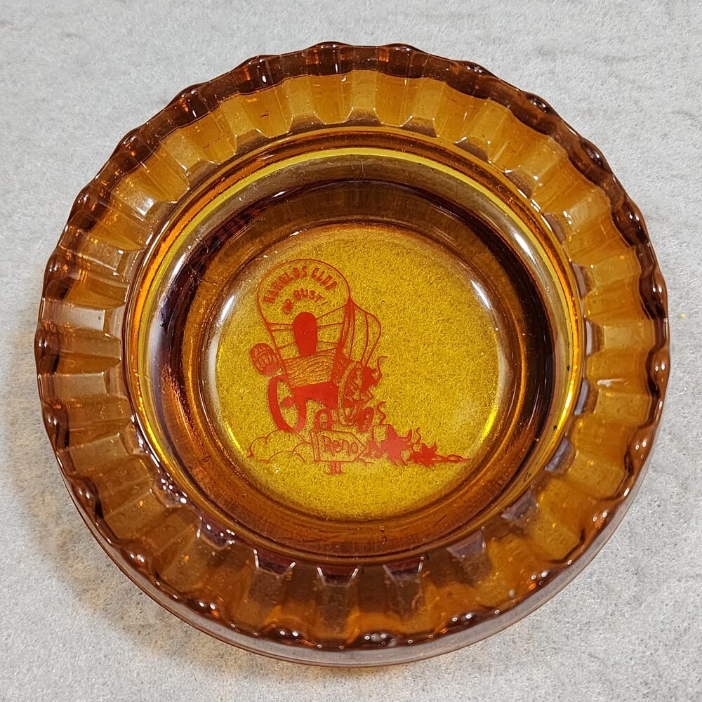 HAROLD'S CLUB Or Bust! Reno Advert Round Ruffled Pedestal Amber Glass Ashtray